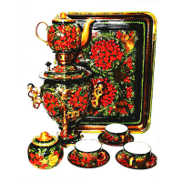 Самовар в наборе с чайником и подносом с художественной росписью хохлома (клубника)